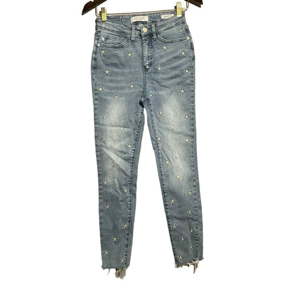 Judy Blue Skinny Slim Jeans Women Size 3/26 Star Embroidery Hippie Moto Biker